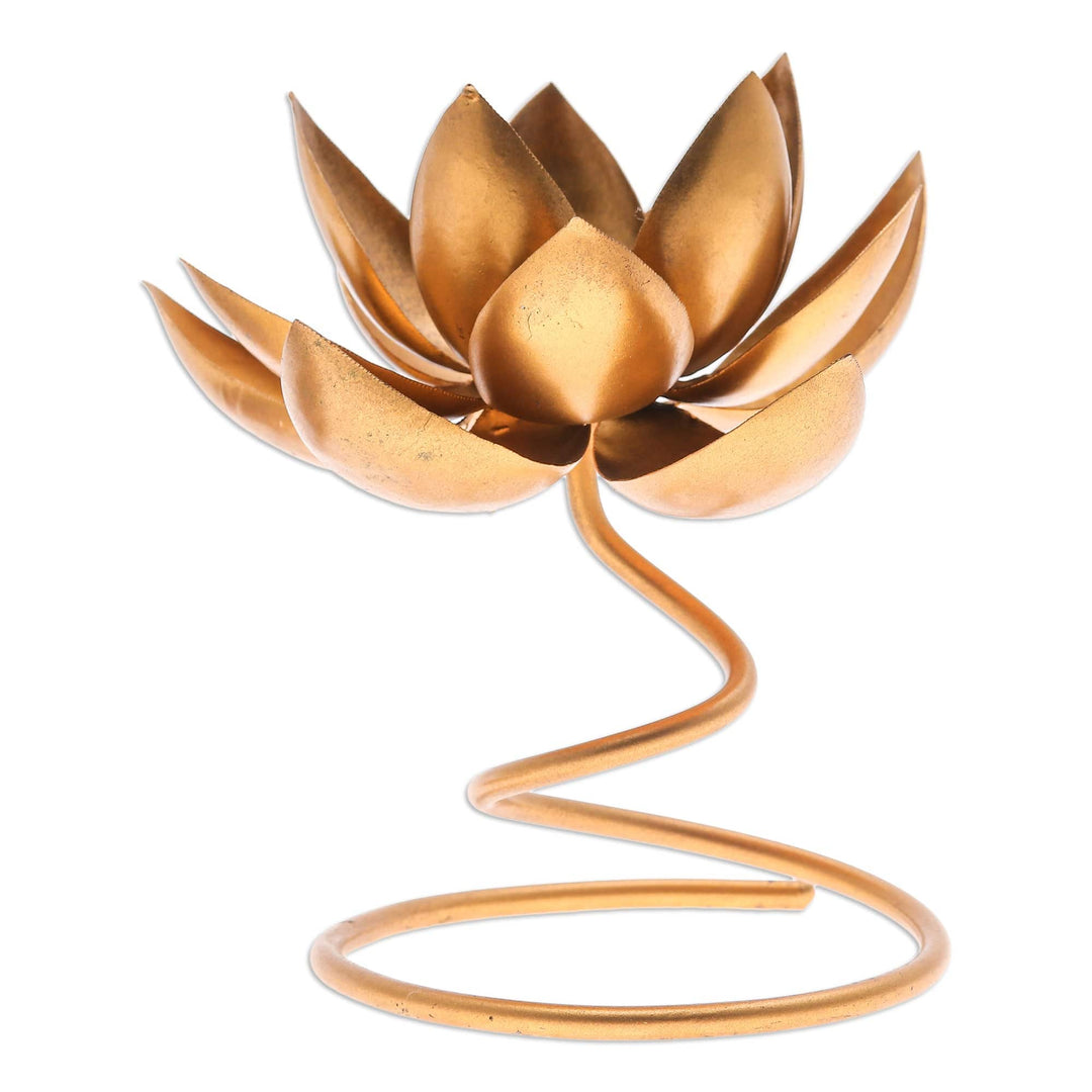 Handmade Steel & Iron Lotus Flower Tealight Holder in Gold - Lotus Flame in Gold