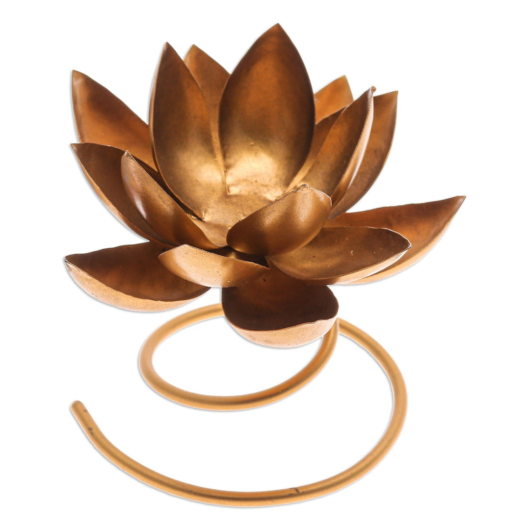 Handmade Steel & Iron Lotus Flower Tealight Holder in Gold - Lotus Flame in Gold