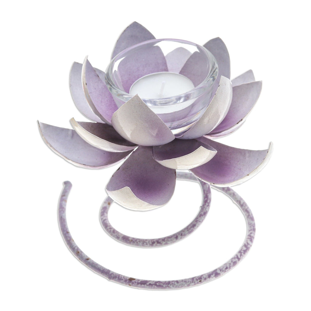 Handmade Steel & Iron Lotus Flower Tealight Holder in Purple - Lotus Flame in Purple