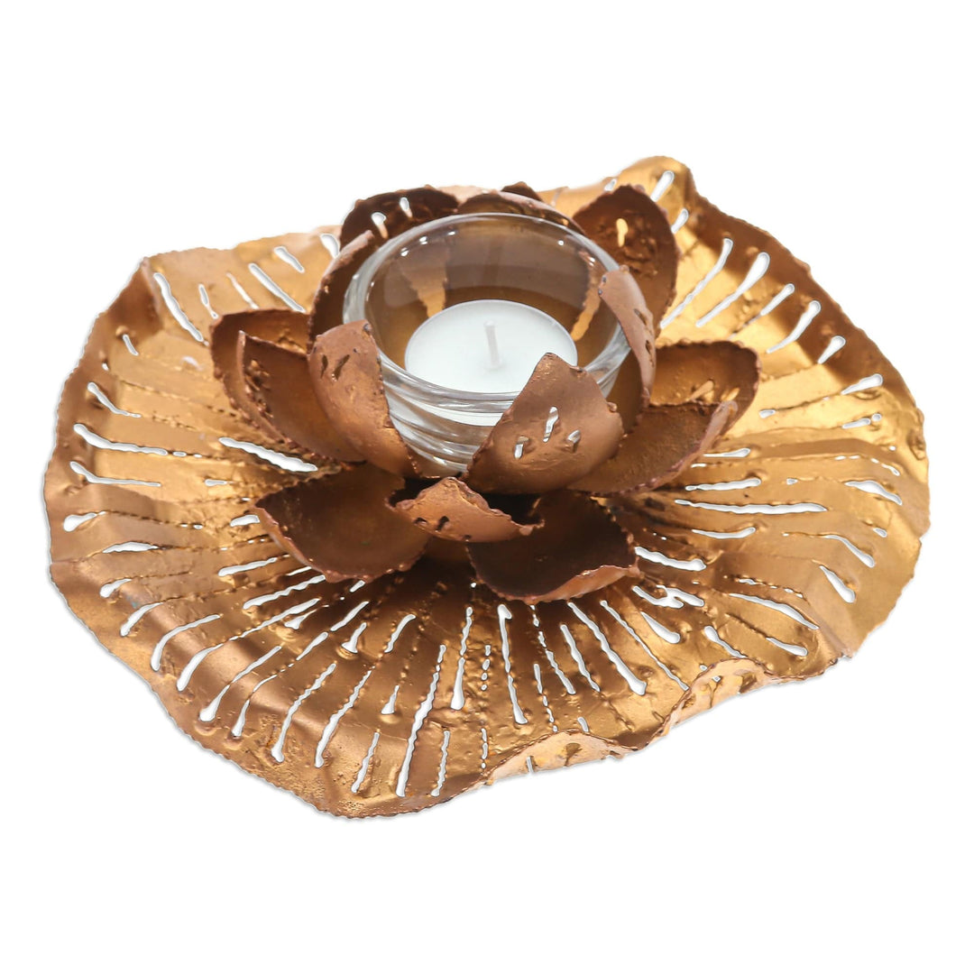 Golden-Toned Lotus-Themed Iron Tealight Candleholder - Heaven's Lotus