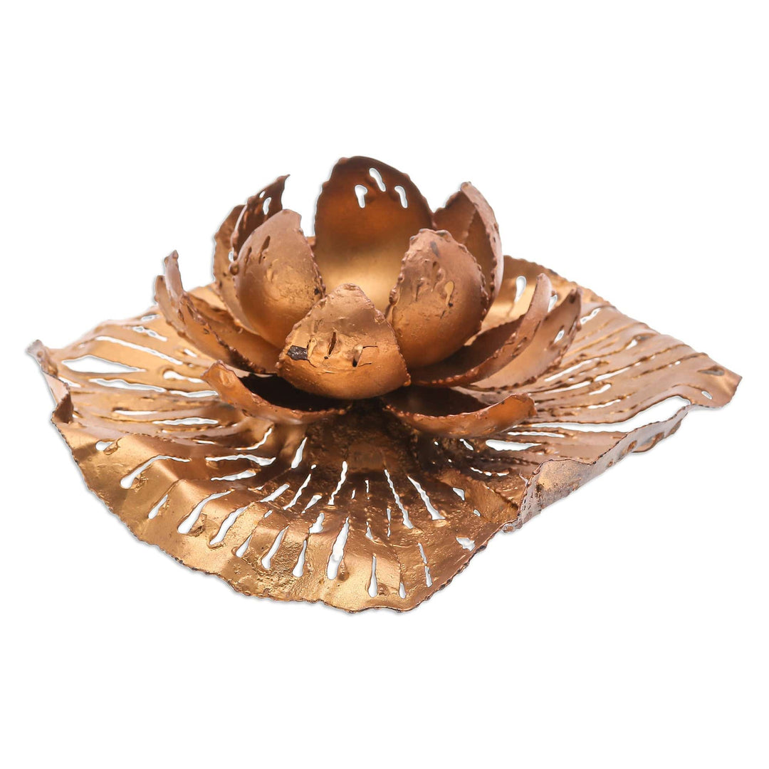 Golden-Toned Lotus-Themed Iron Tealight Candleholder - Heaven's Lotus