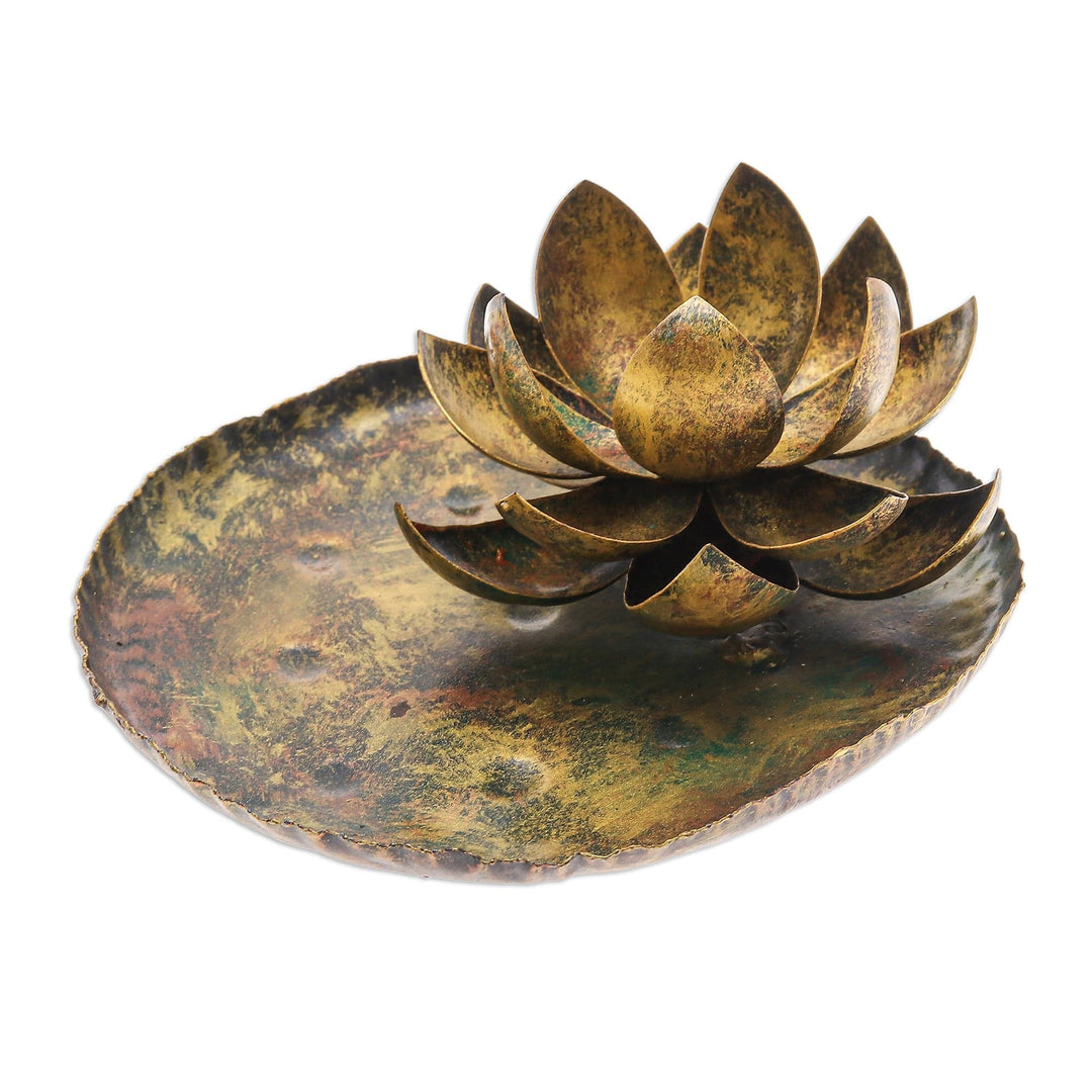 Thai Antiqued Lotus-Themed Iron Tealight Candleholder - Lotus in the Forest