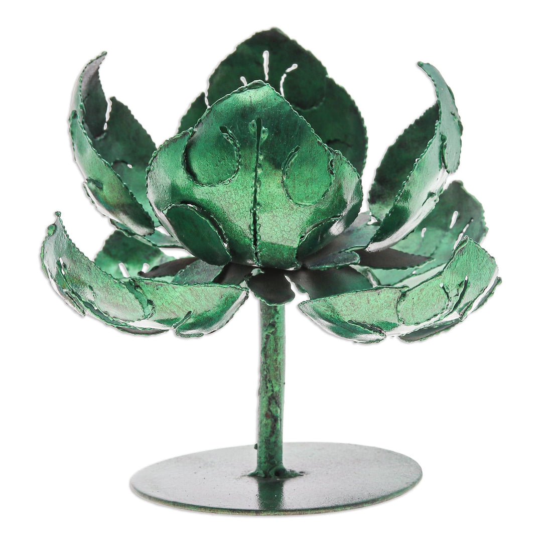Green Lotus-Themed Iron Tealight Candleholder from Thailand - Vitality Lotus