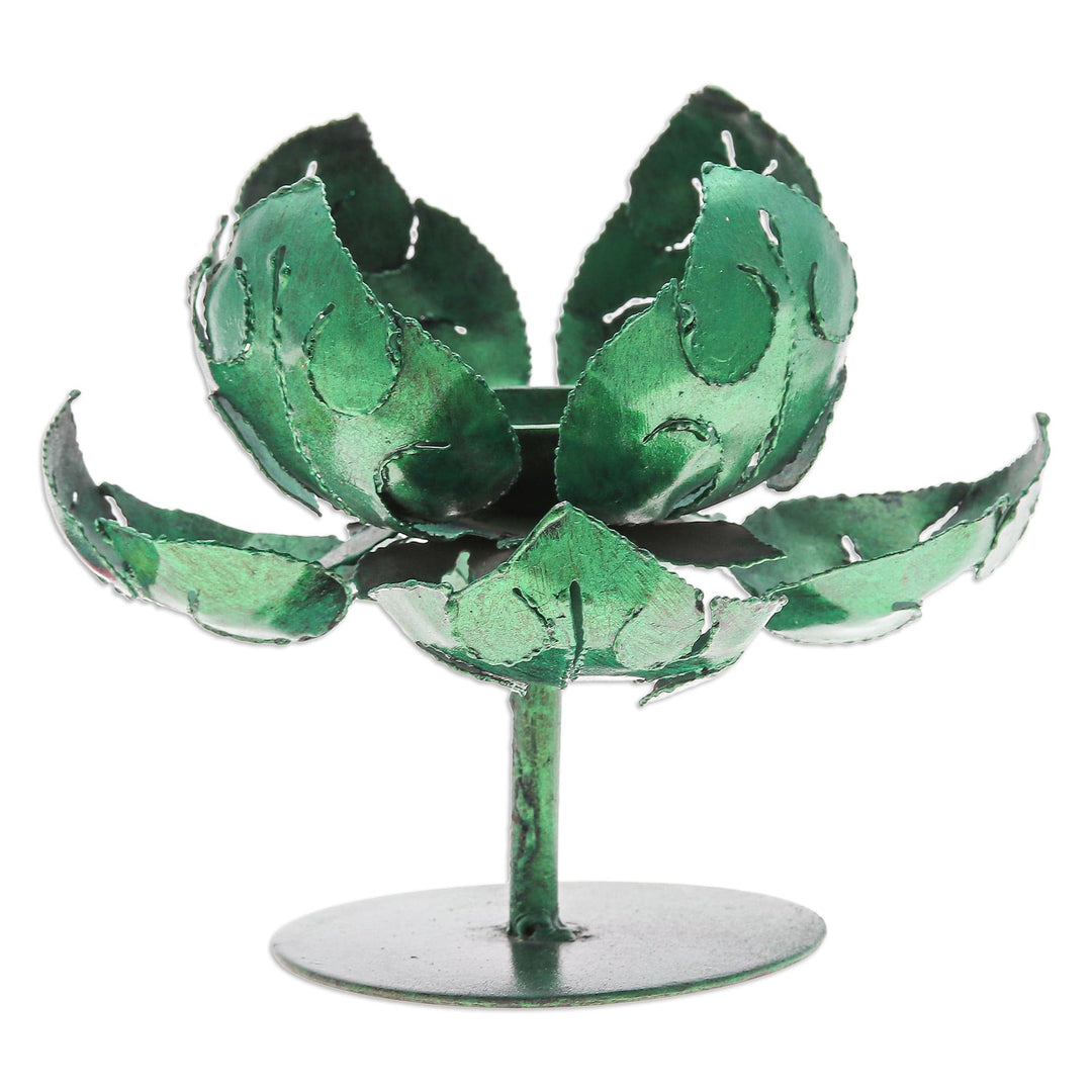 Green Lotus-Themed Iron Tealight Candleholder from Thailand - Vitality Lotus