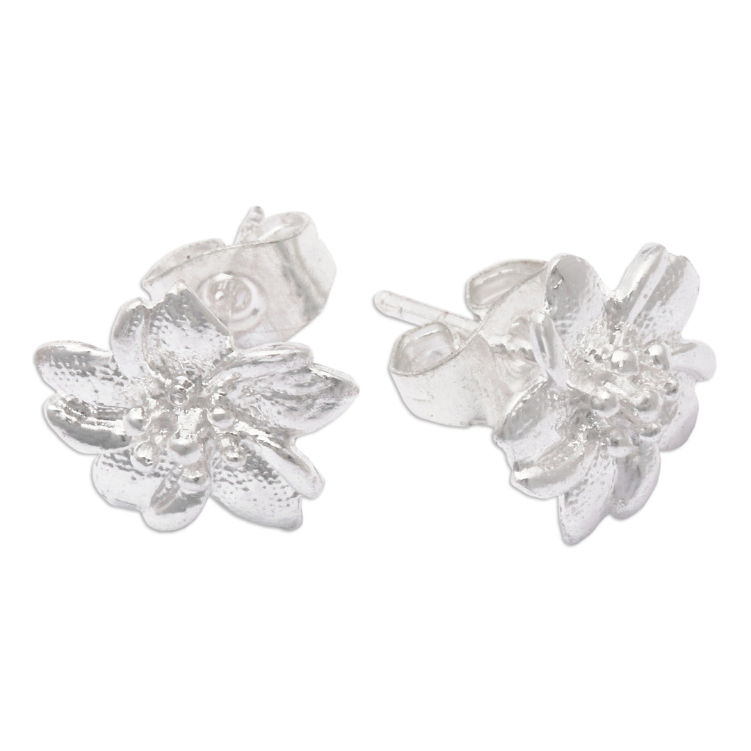 Textured Polished Sterling Silver Floral Stud Earrings - Amaryllis Flower Beauty