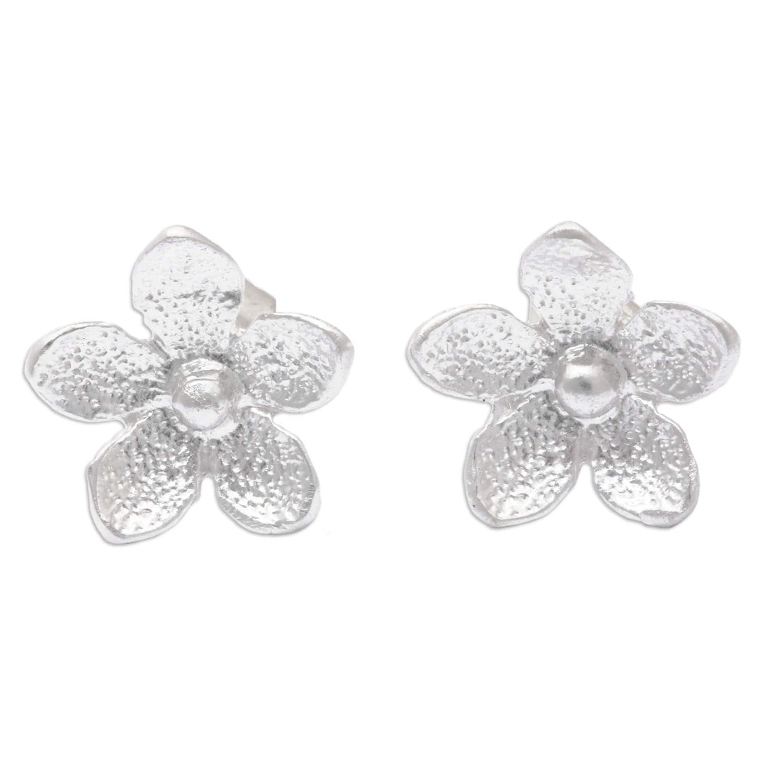 Polished Sandblasted Sterling Silver Floral Stud Earrings - Jasmine Flair