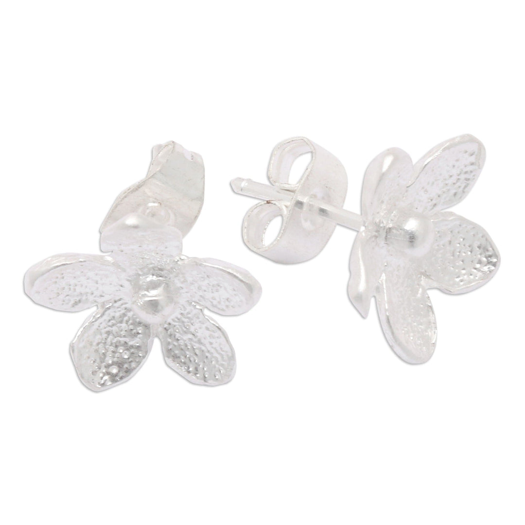 Polished Sandblasted Sterling Silver Floral Stud Earrings - Jasmine Flair