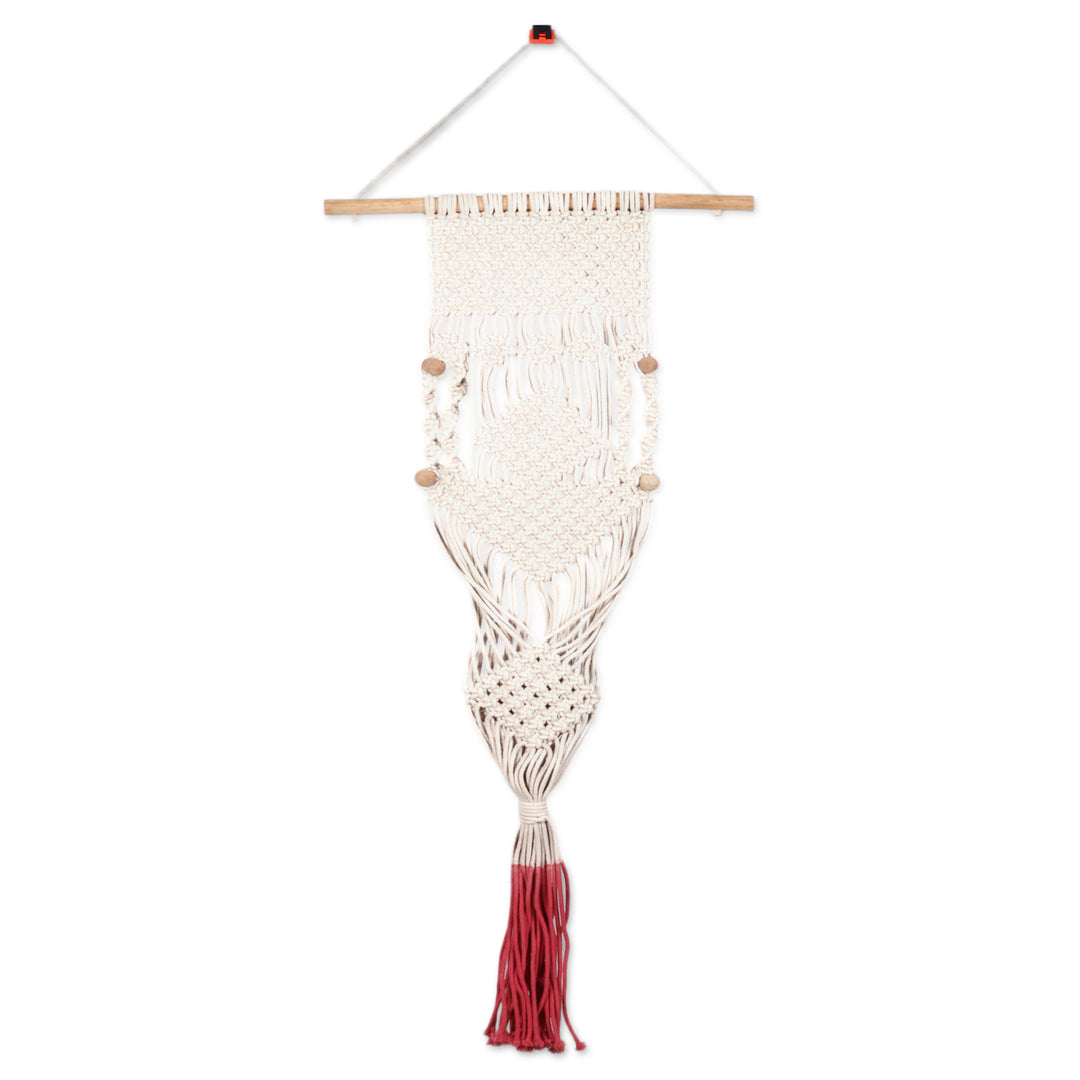 Handwoven Beige and Red Cotton Hanging Planter from India - Fire Threads