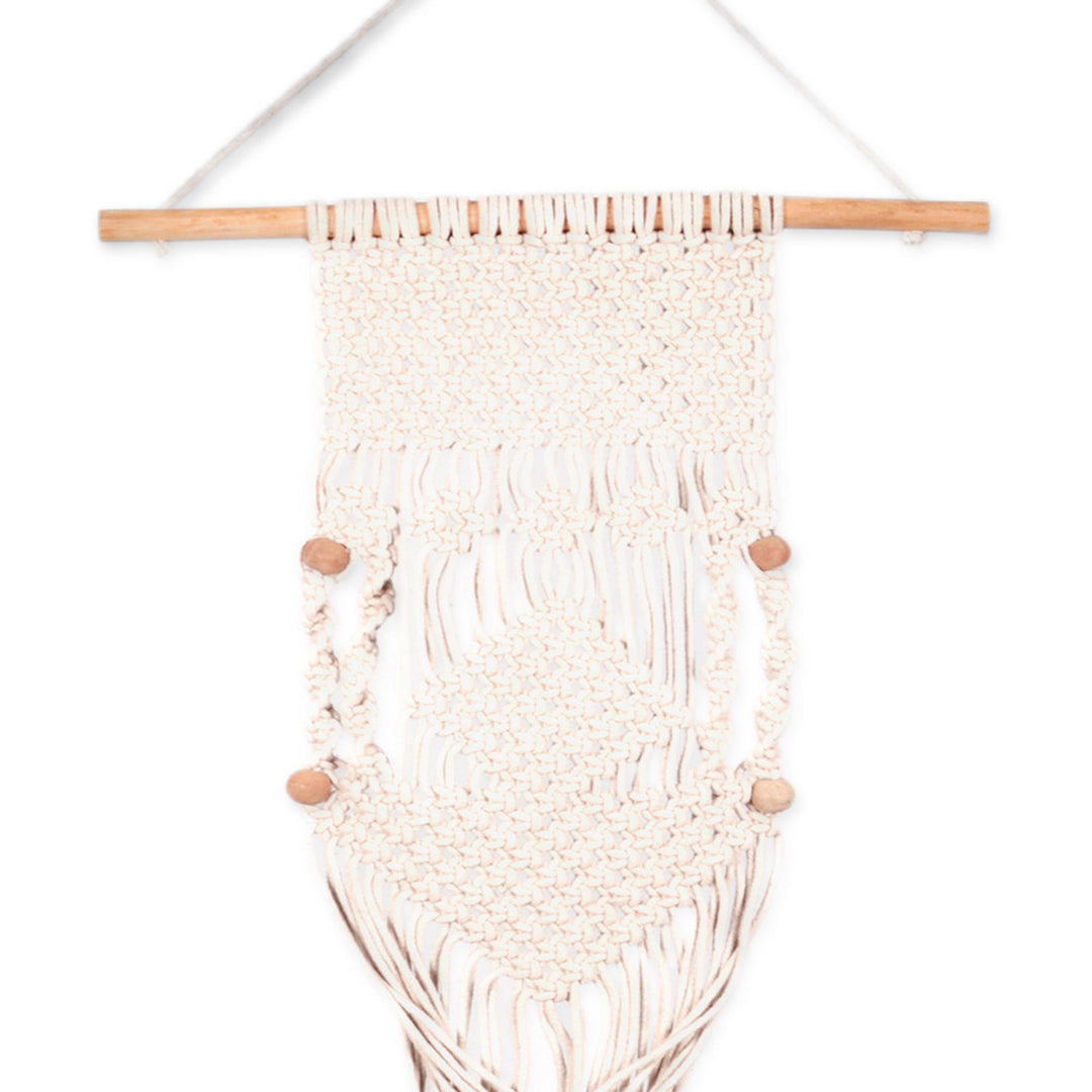 Handwoven Beige and Red Cotton Hanging Planter from India - Fire Threads
