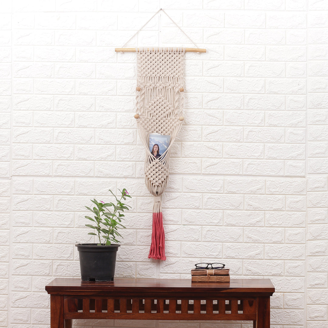 Handwoven Beige and Red Cotton Hanging Planter from India - Fire Threads