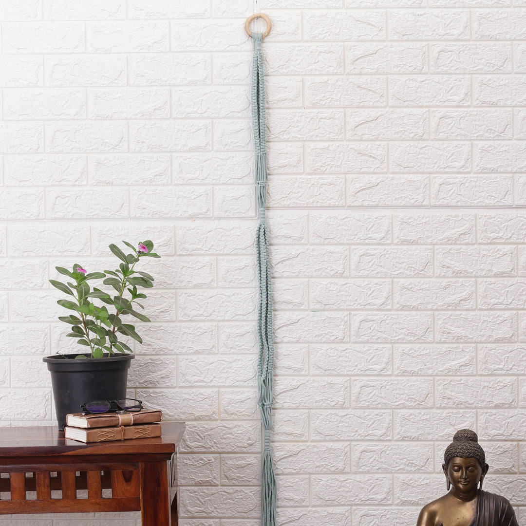 Handwoven Blue Macrame Cotton Hanging Planter with Wood Ring - Blue Element