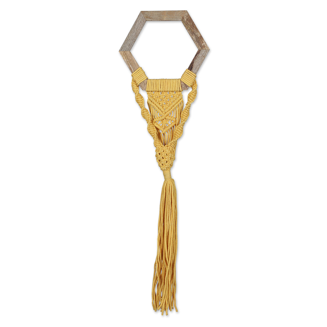 Handwoven Hexagon Yellow Macrame Cotton Wall Hanging - Successful Harmony
