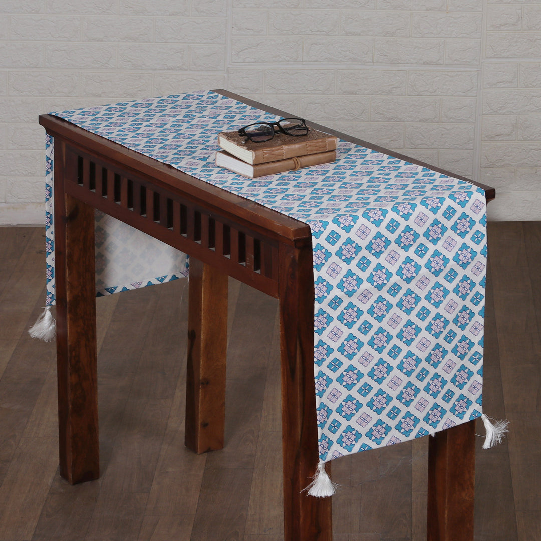 Moroccan Patterned Blue and Pink Cotton Table Runner - Moroccan Delights
