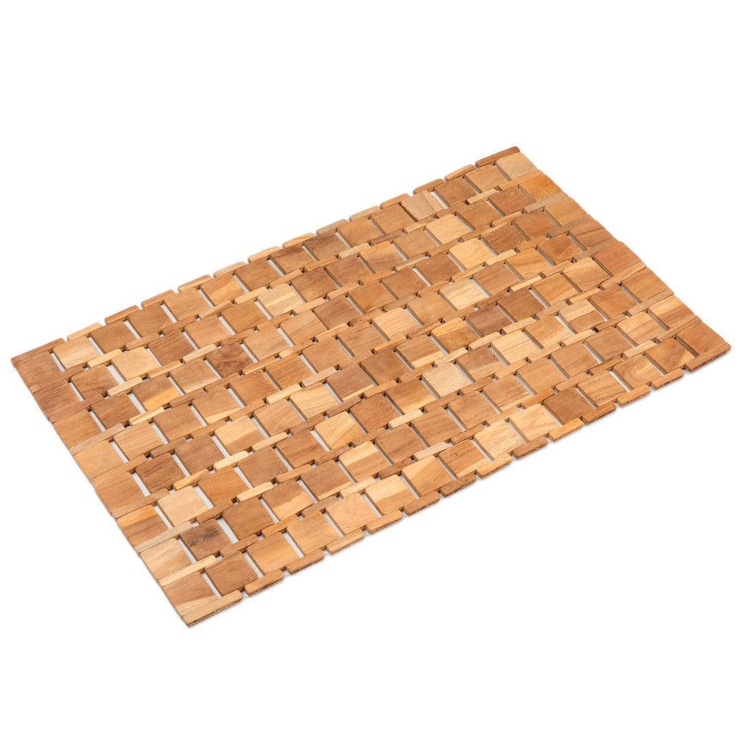 Handcrafted Geometric Natural Brown Teak Wood Mat from Bali - Forest's Cobblestone