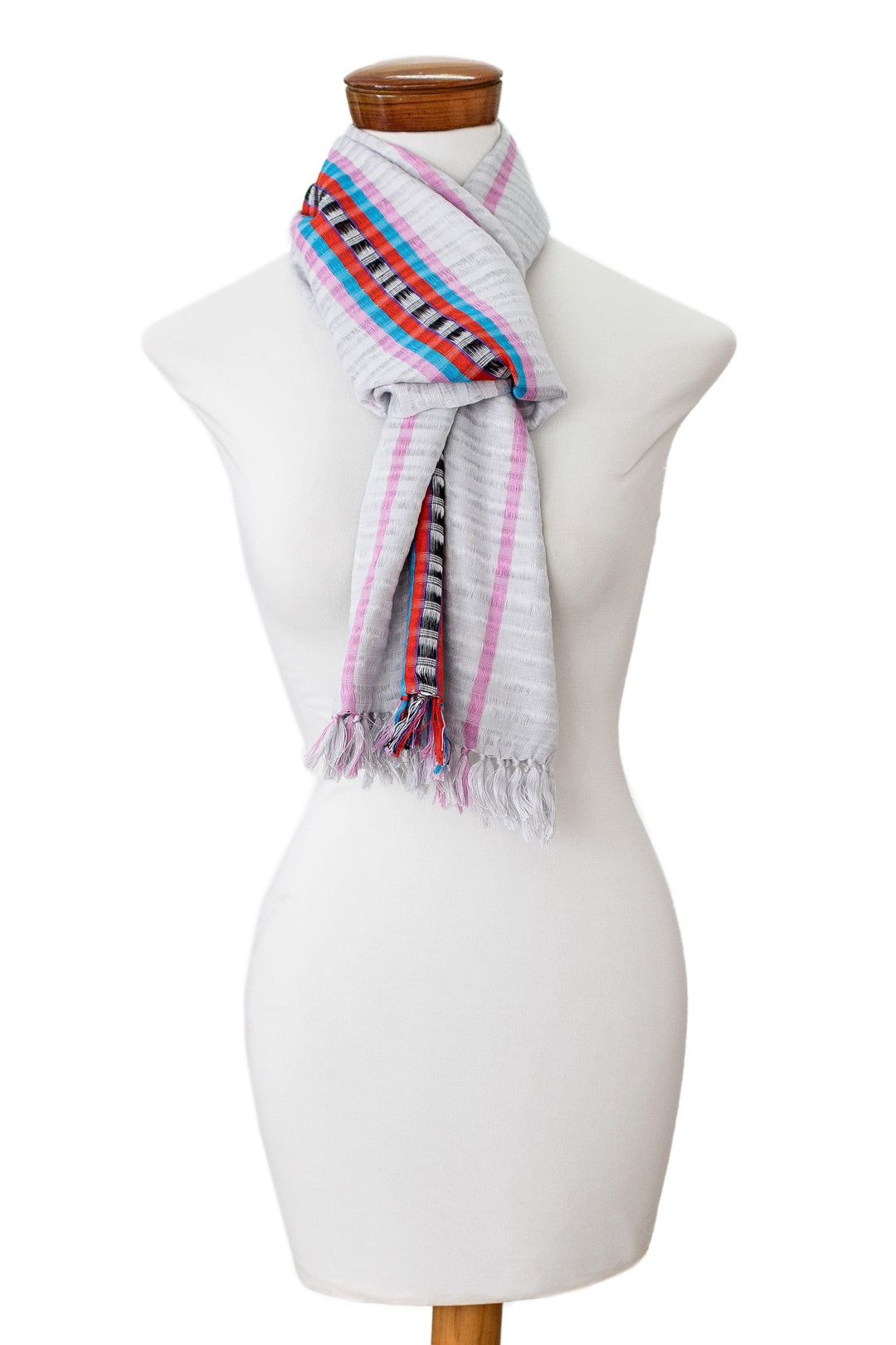 Hand-Woven Fringed Grey Cotton Scarf with Colorful Stripes - Warmth and Flair