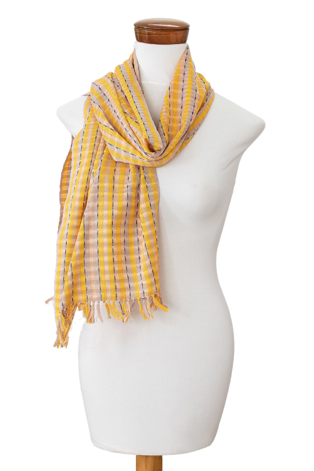 Hand-Woven Striped Fringed Yellow Brown & Beige Cotton Scarf - Field of Daisies