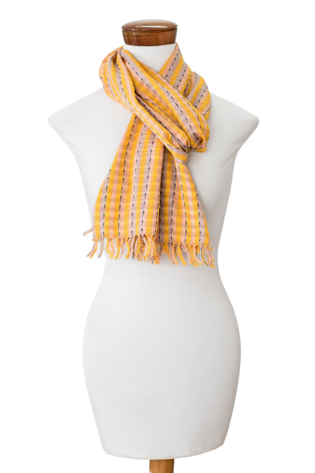 Hand-Woven Striped Fringed Yellow Brown & Beige Cotton Scarf - Field of Daisies