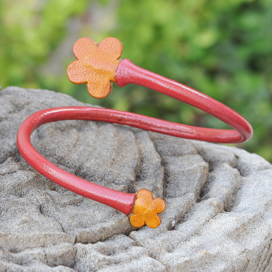 Handcrafted Floral Red and Orange Leather Wrap Bracelet - Floral Embrace in Red