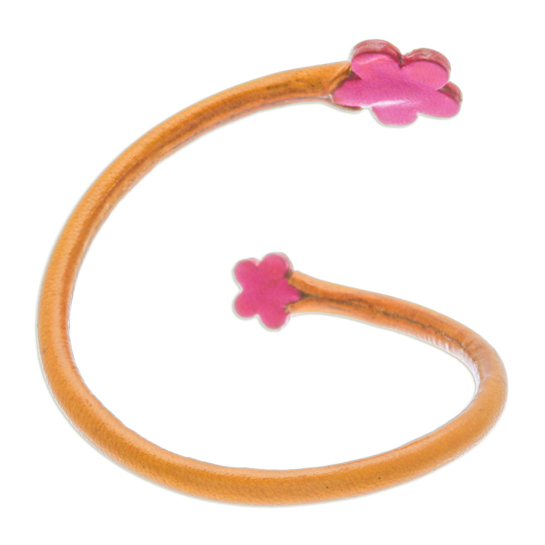 Handcrafted Floral Yellow and Pink Leather Wrap Bracelet - Floral Embrace in Yellow