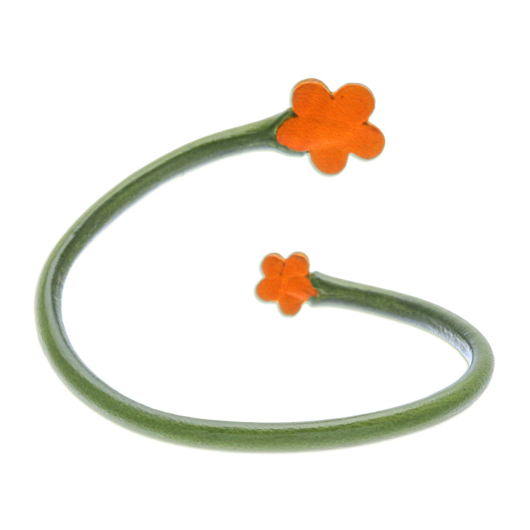 Handcrafted Floral Green and Orange Leather Wrap Bracelet - Floral Embrace in Green