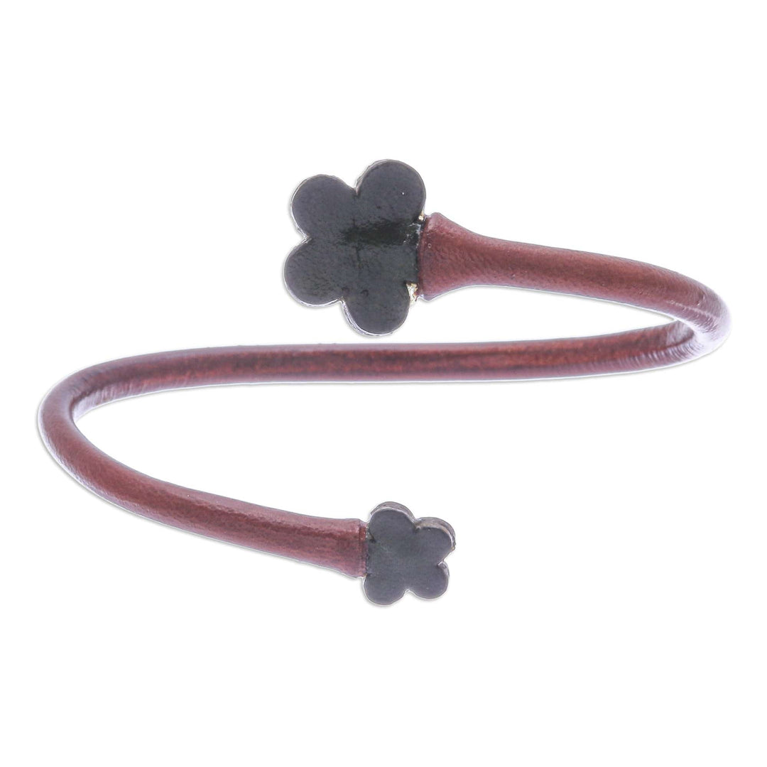 Handcrafted Floral Brown and Green Leather Wrap Bracelet - Floral Embrace in Brown