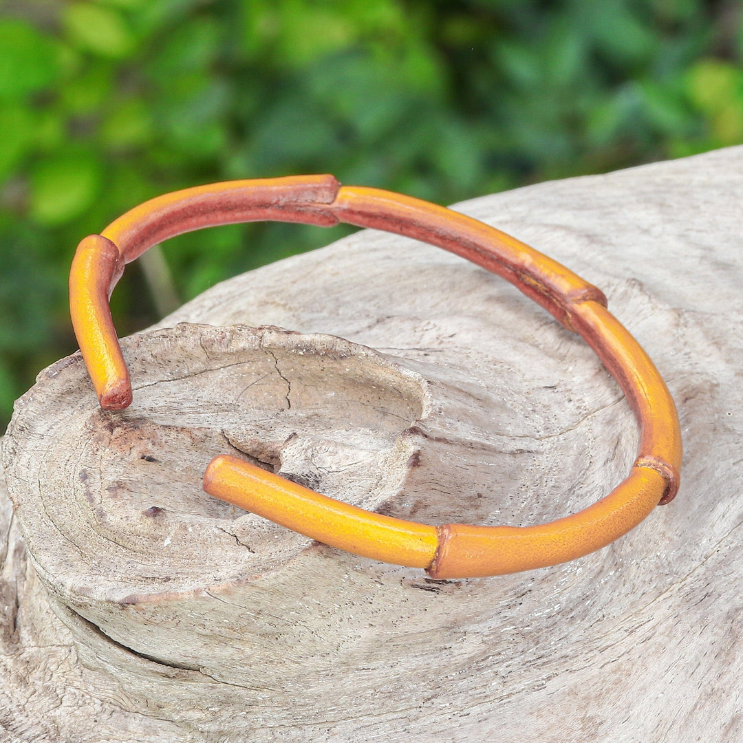 Bamboo-Inspired Adjustable Yellow Leather Cuff Bracelet - Joyous Bamboo