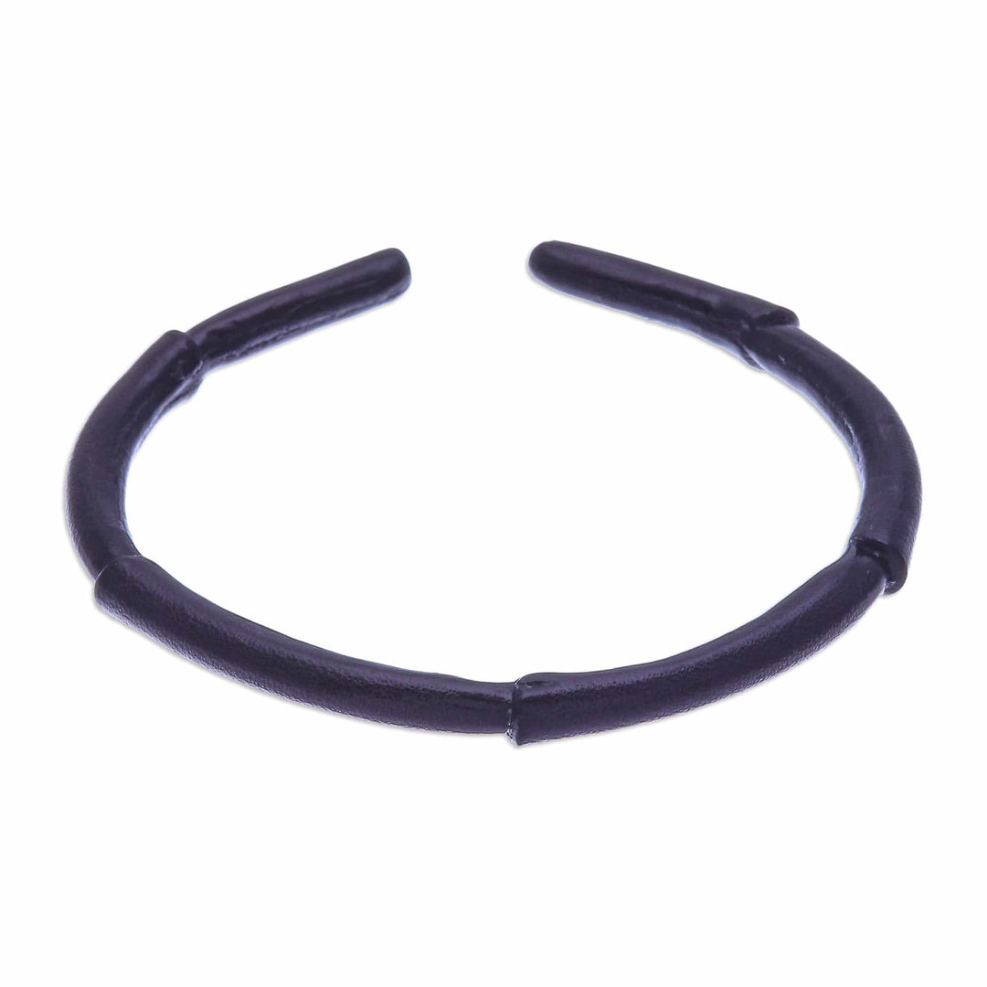 Bamboo-Inspired Adjustable Black Leather Cuff Bracelet - Mysterious Bamboo