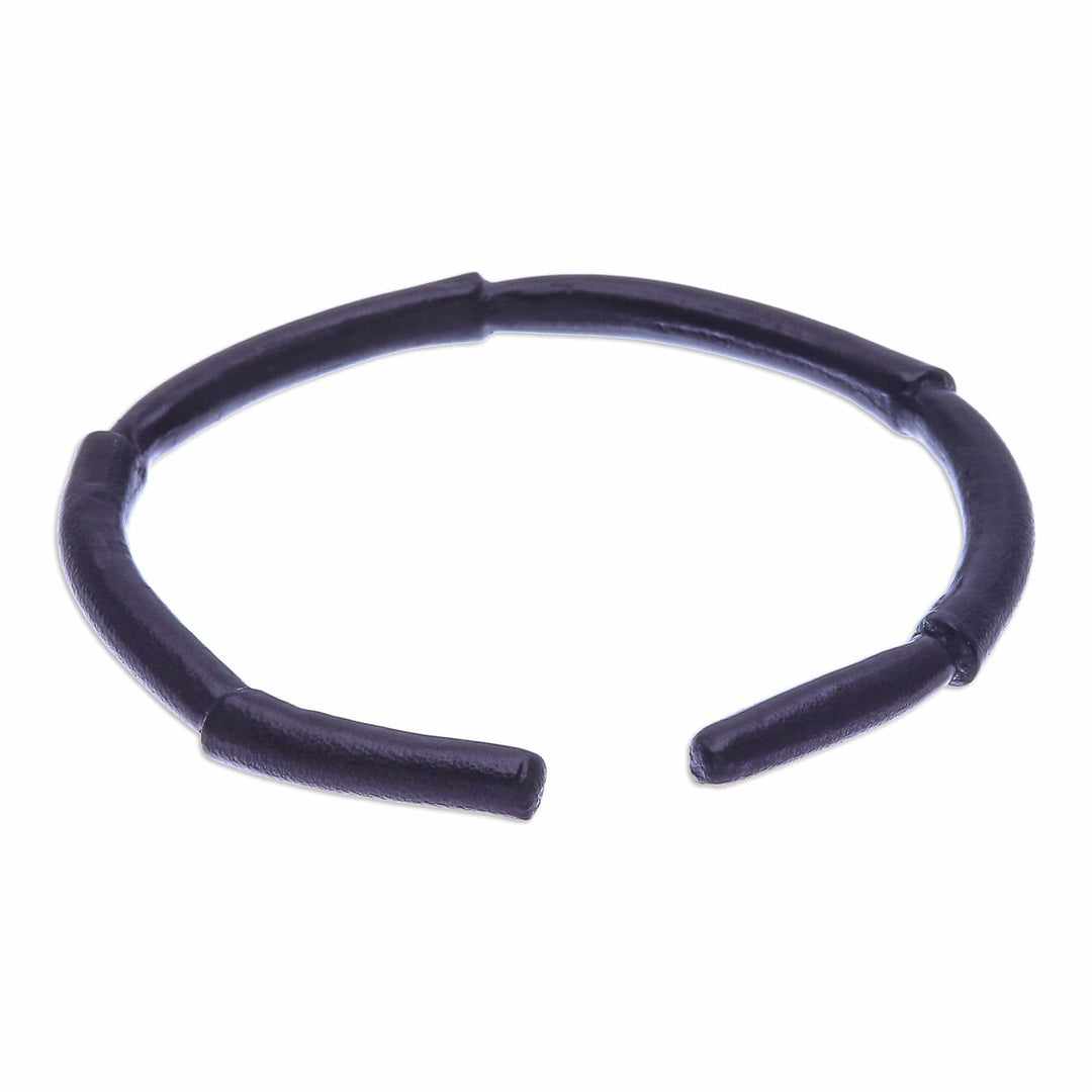 Bamboo-Inspired Adjustable Black Leather Cuff Bracelet - Mysterious Bamboo