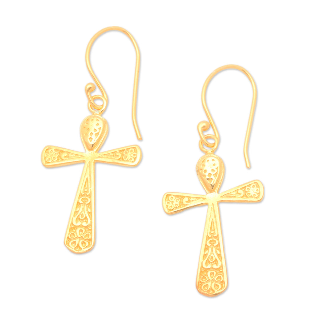 High-Polished 22k Gold-Plated Cross Dangle Earrings - Triumph Cross