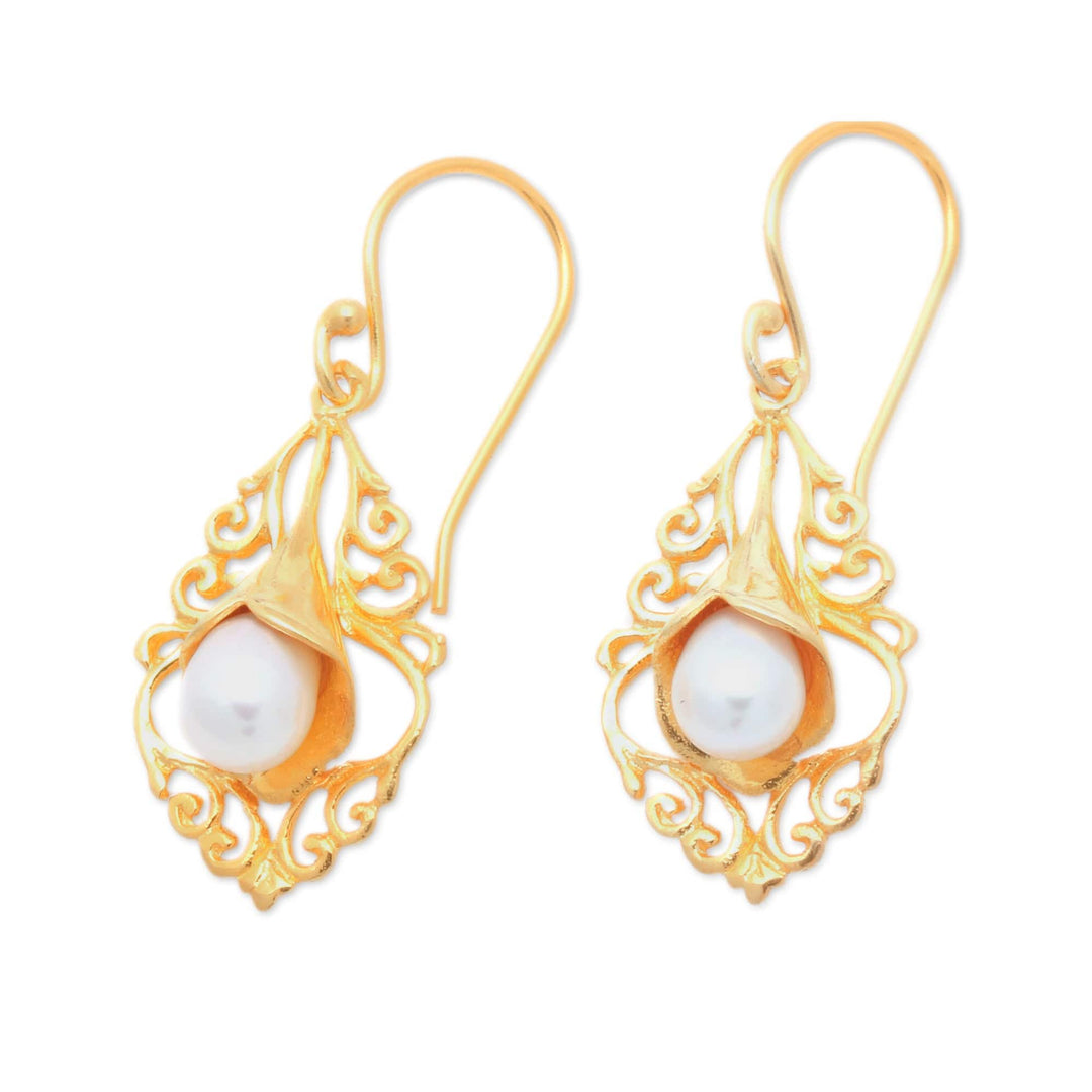 22k Gold-Plated White Cultured Pearl Kayonan Dangle Earrings - Sacred Kayonan