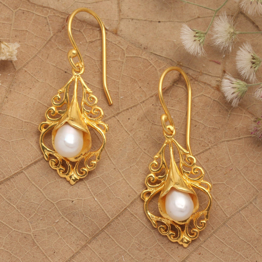 22k Gold-Plated White Cultured Pearl Kayonan Dangle Earrings - Sacred Kayonan
