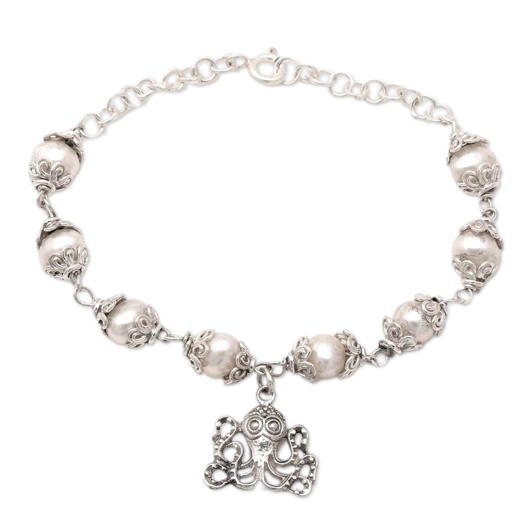 Floral Grey Cultured Pearl Bracelet with Octopus Charm - Only The Sea