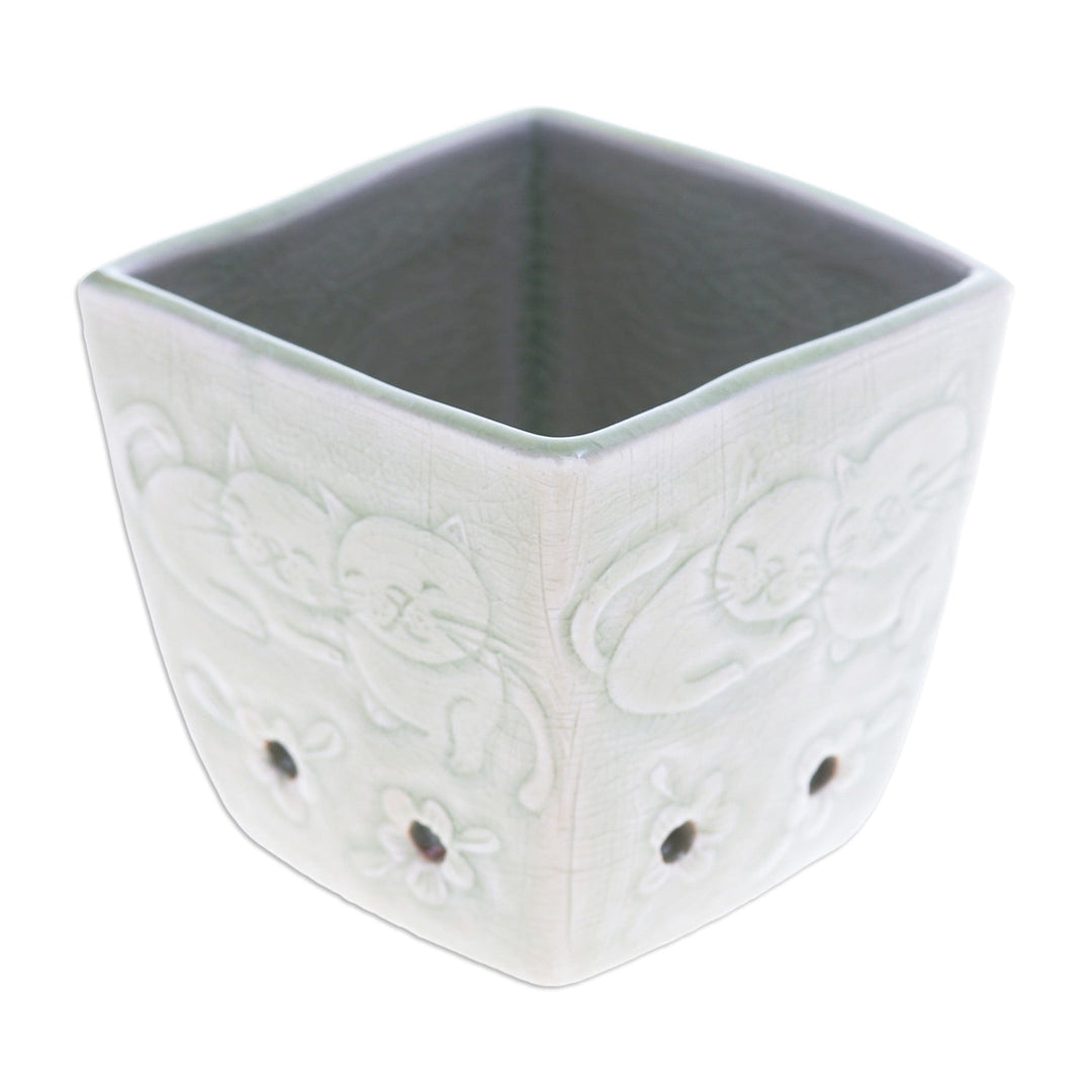 Cat and Floral-Themed Celadon Ceramic Mini Planter in Green - Green Kitty Garden