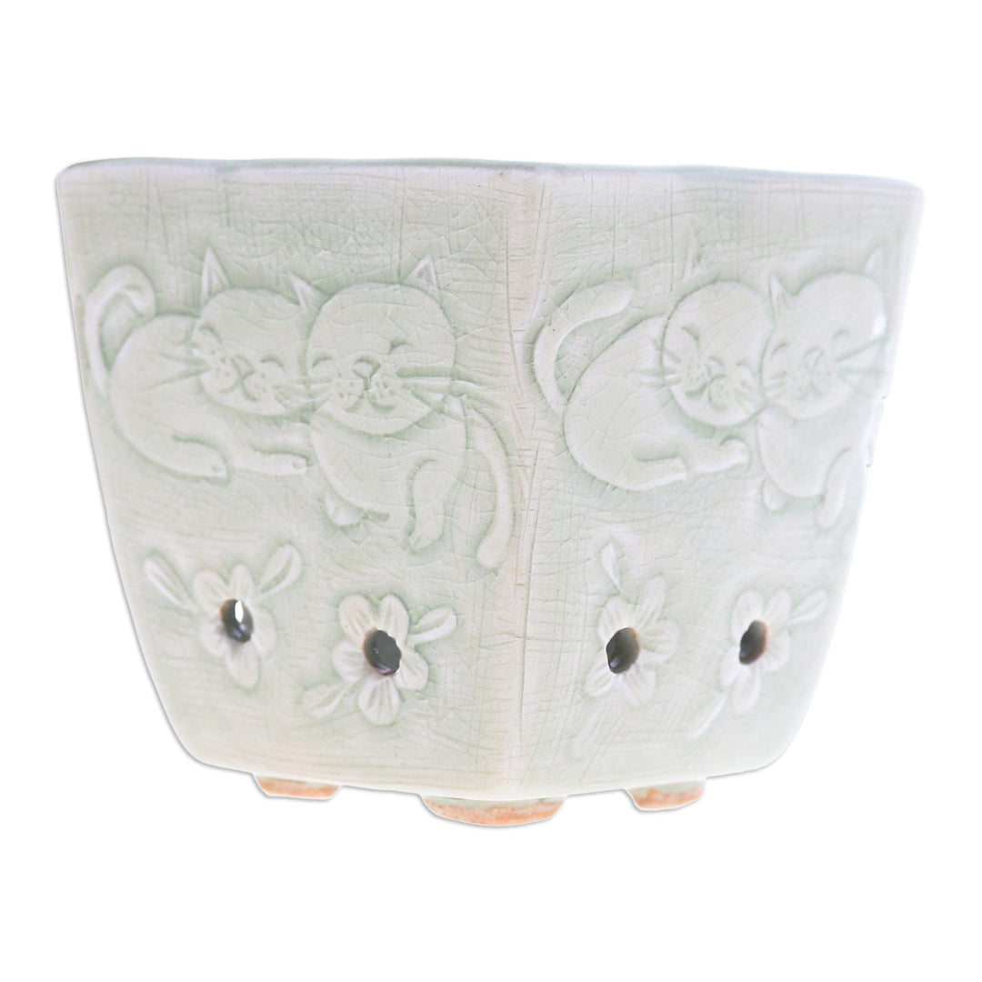 Cat and Floral-Themed Celadon Ceramic Mini Planter in Green - Green Kitty Garden