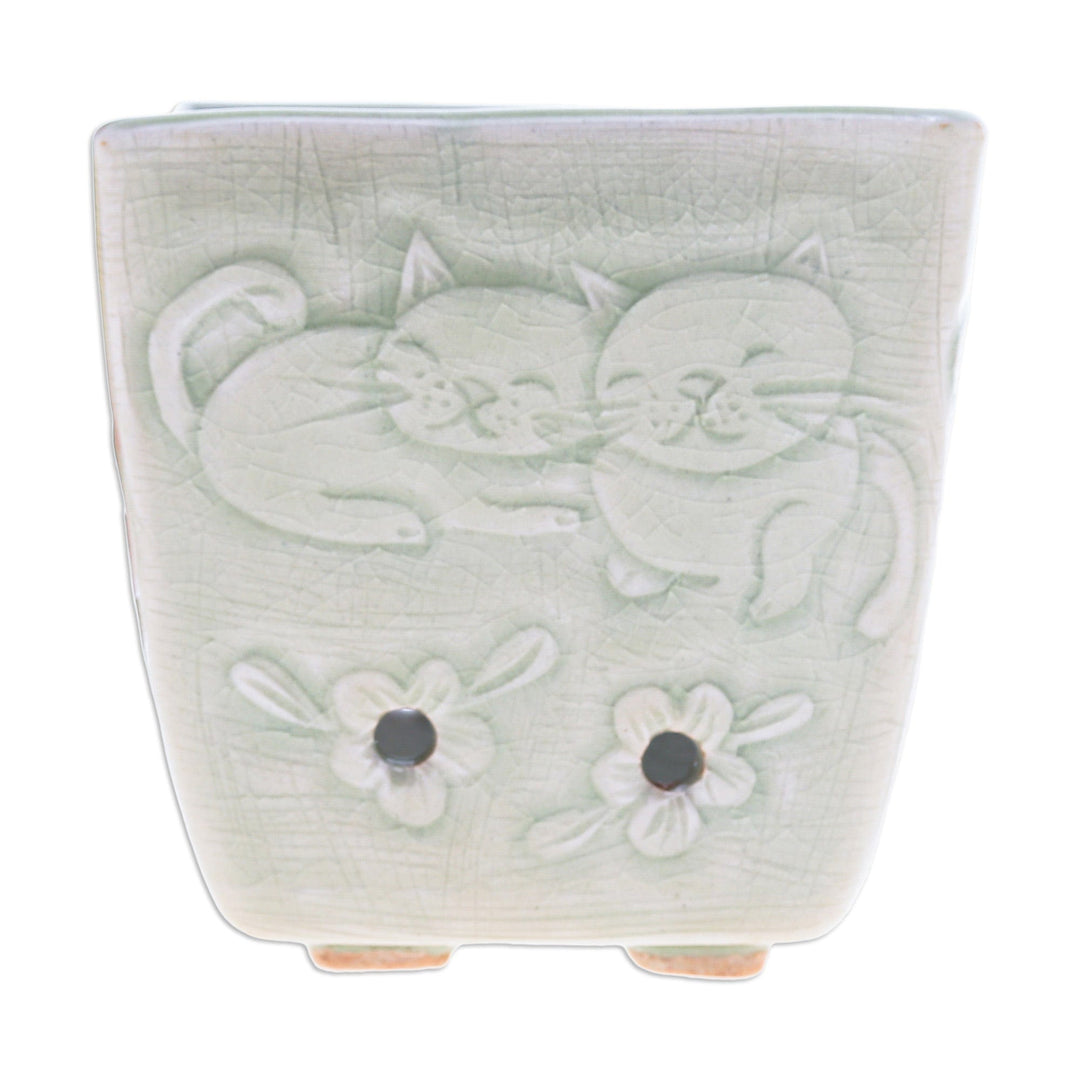 Cat and Floral-Themed Celadon Ceramic Mini Planter in Green - Green Kitty Garden