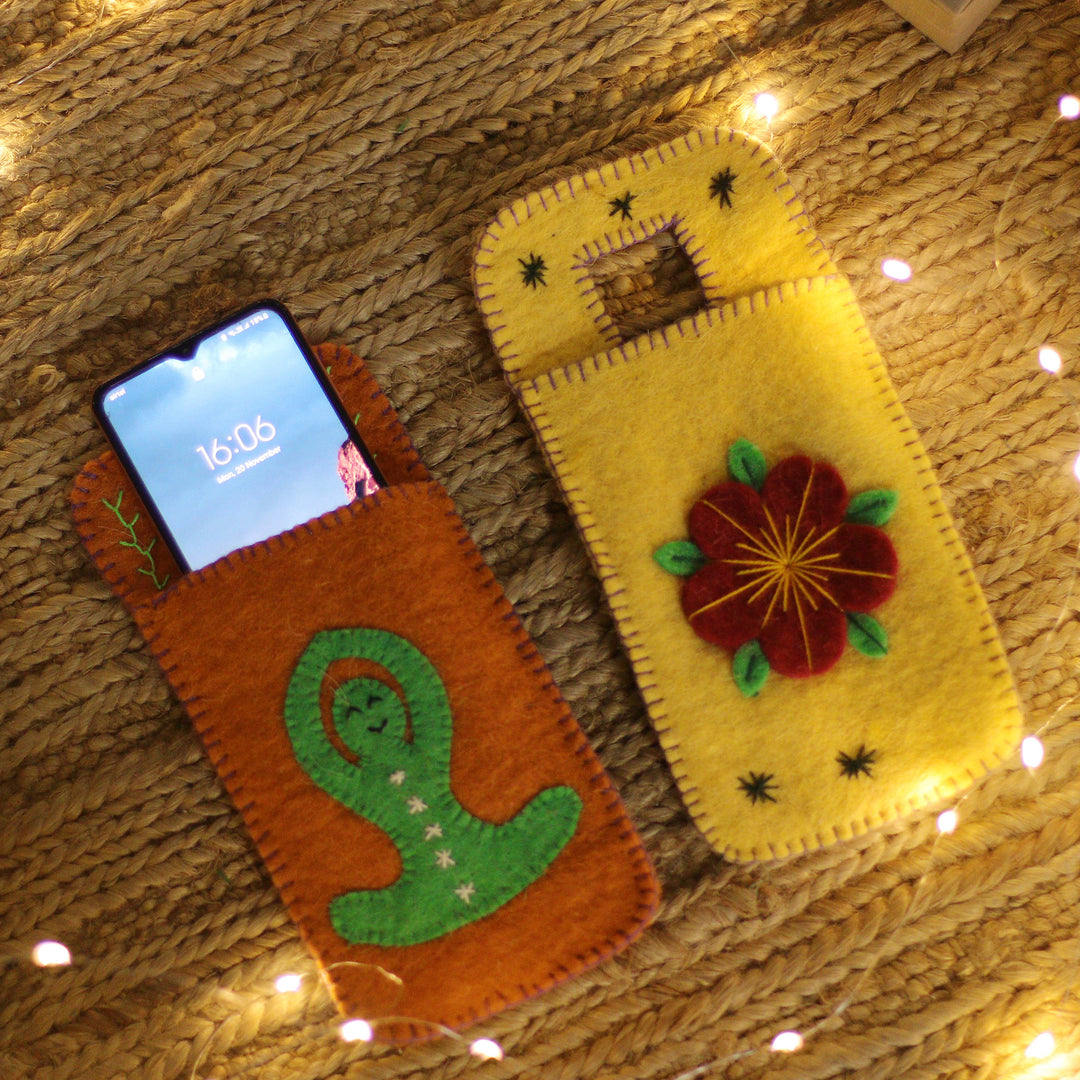 Set of 2 Handcrafted Yoga-Themed Wool Felt Mobile Cases - Peaceful Vibes