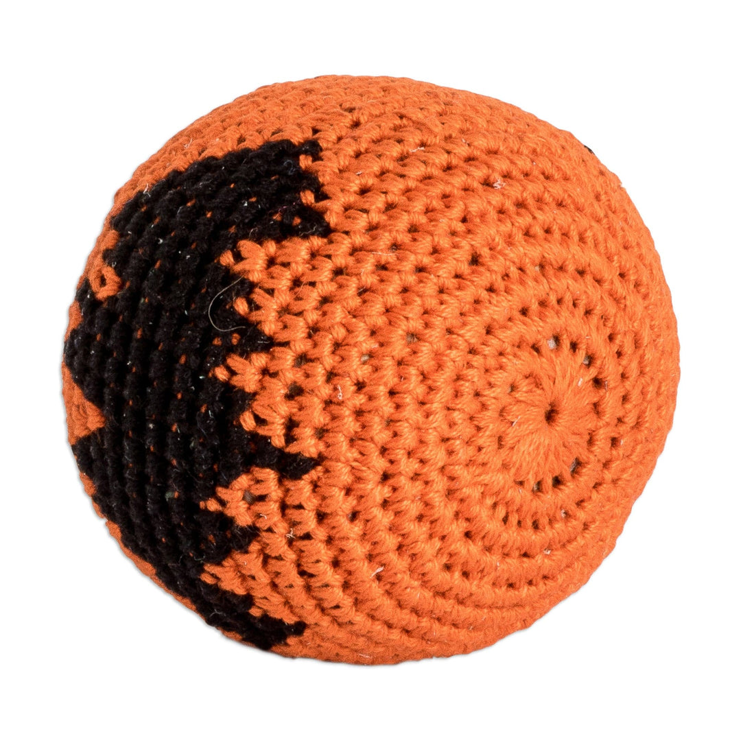 Crocheted Cotton Hacky Sack with Bat Motif in Orange & Black - Playful Bat