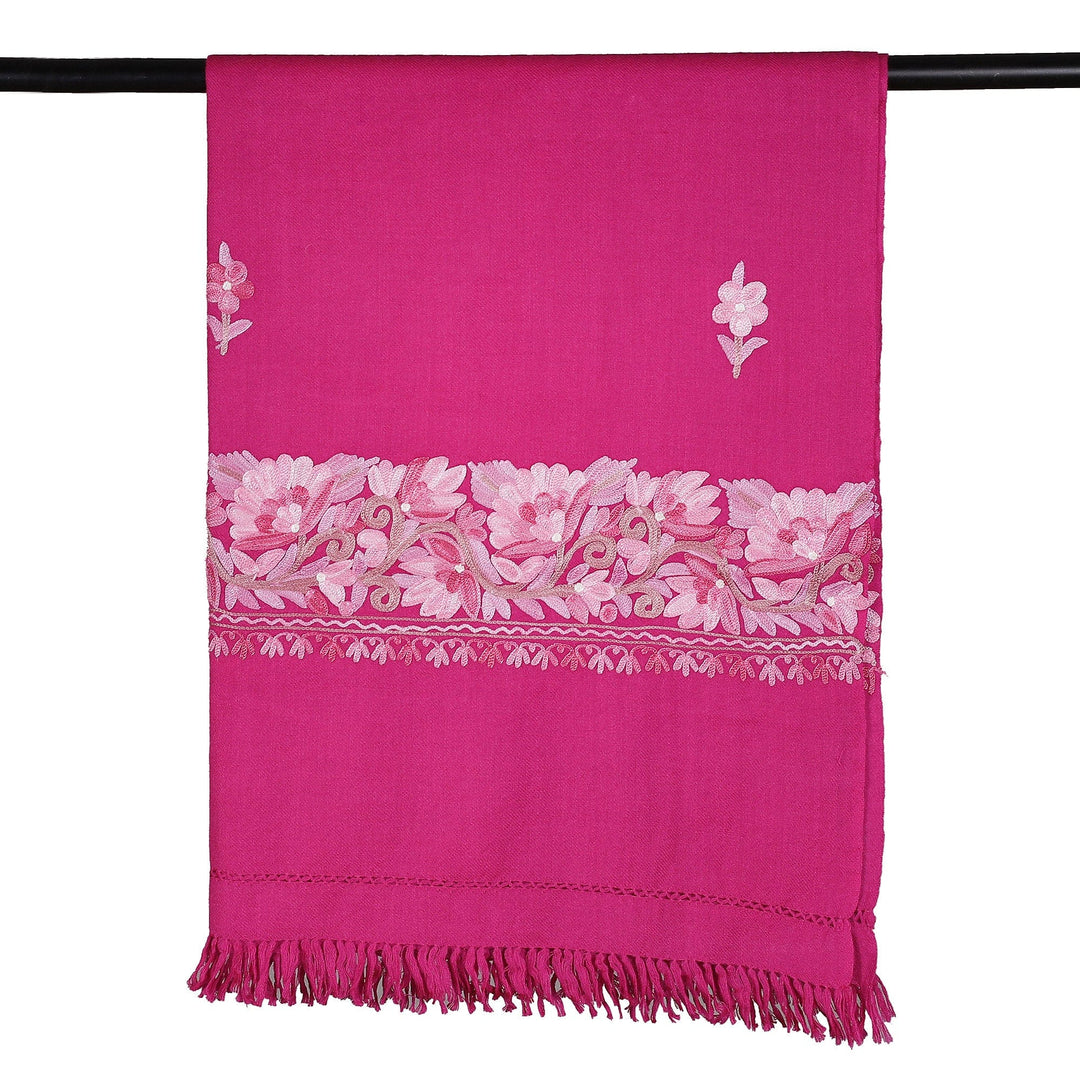 Floral Handwoven Wool and Rayon Embroidered Carmine Shawl - Garden of Carmine