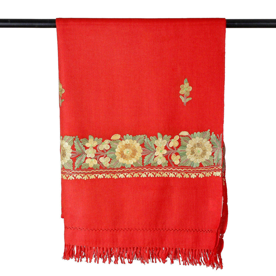 Floral Handwoven Wool and Rayon Embroidered Vermilion Shawl - Garden of Vermilion