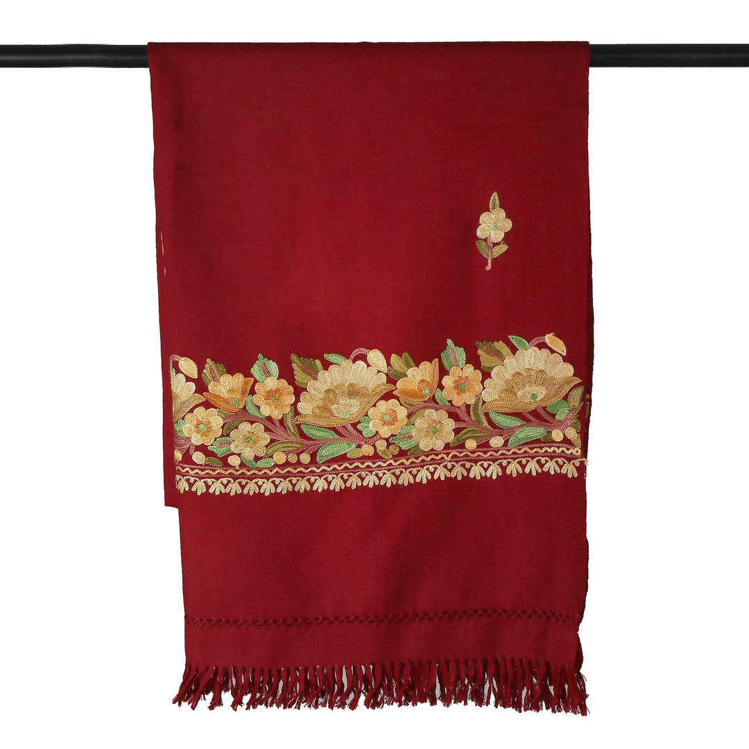 Floral Handwoven Wool and Rayon Embroidered Berry Shawl - Garden of Berry