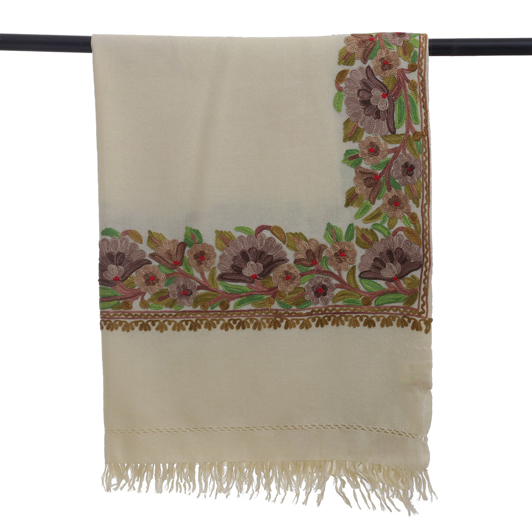 Rayon-Embroidered Woven Wool Shawl in Ivory Hues - Ivory Glory