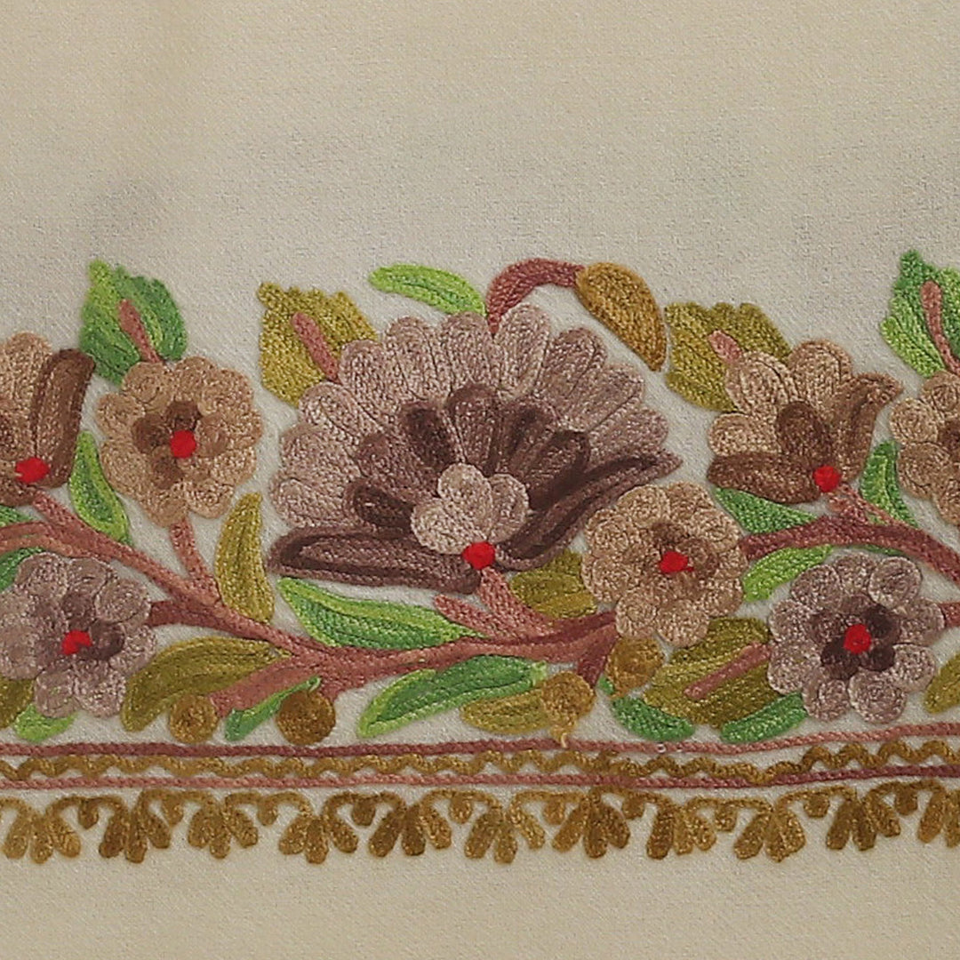 Rayon-Embroidered Woven Wool Shawl in Ivory Hues - Ivory Glory