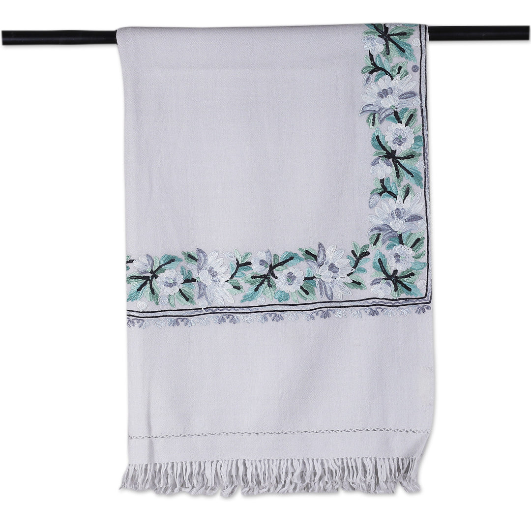 Rayon-Embroidered Woven Wool Shawl in Grey and Turquoise - Pearl Grey Glory