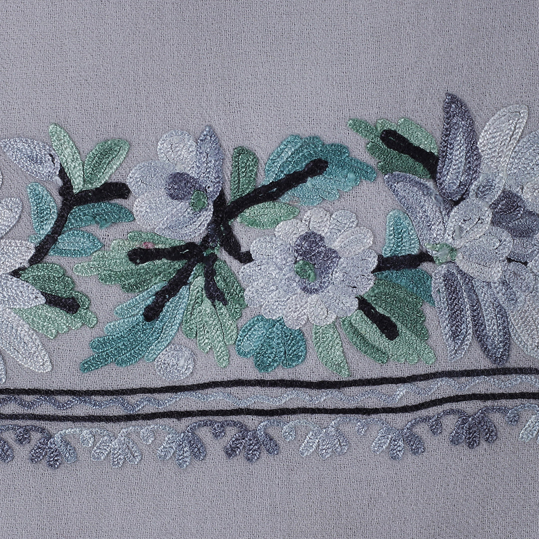 Rayon-Embroidered Woven Wool Shawl in Grey and Turquoise - Pearl Grey Glory