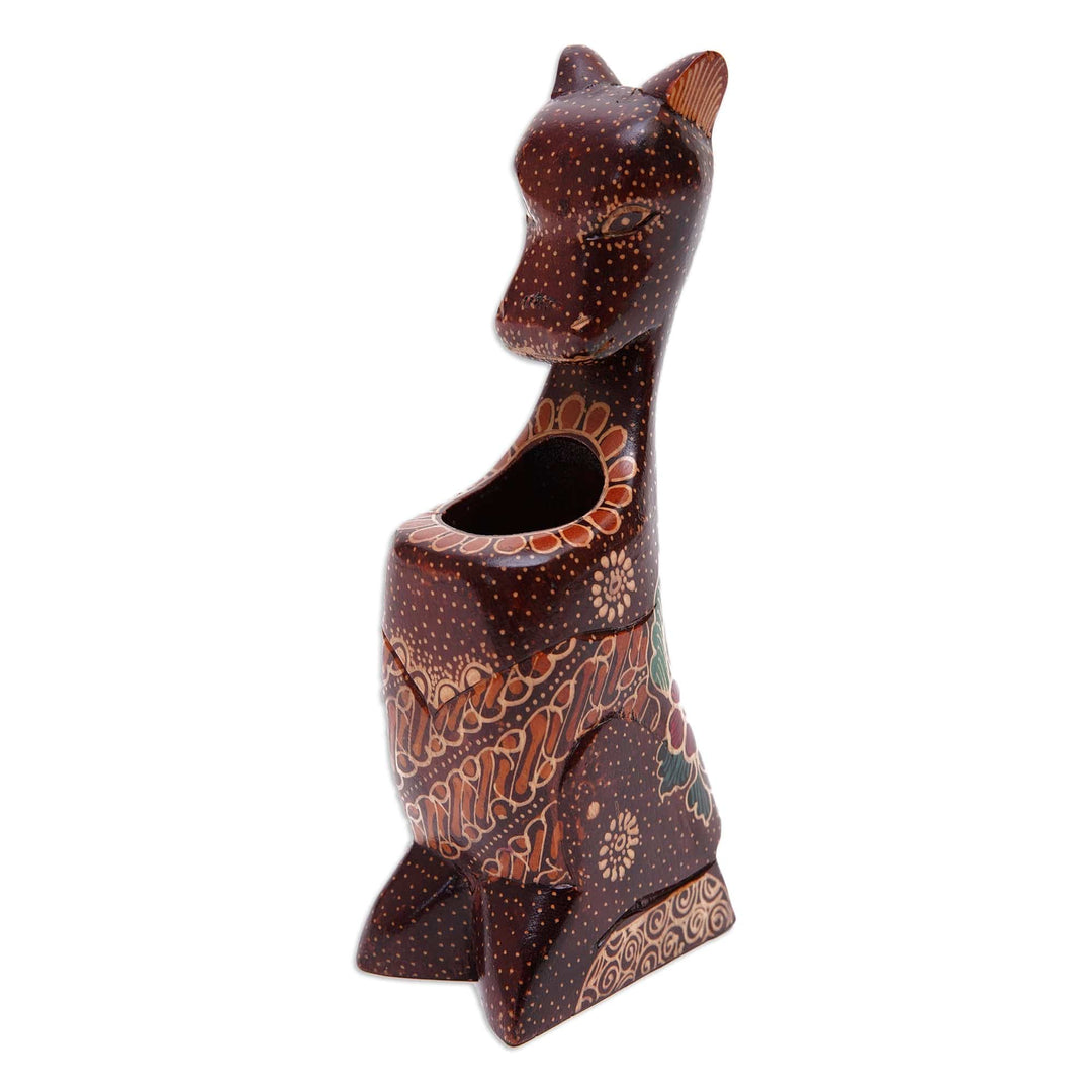 Handcrafted Batik-Painted Kangaroo Pule Wood Pencil Holder - Mother Kangaroo