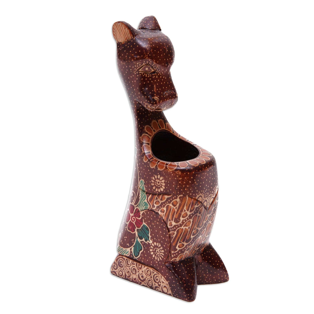 Handcrafted Batik-Painted Kangaroo Pule Wood Pencil Holder - Mother Kangaroo