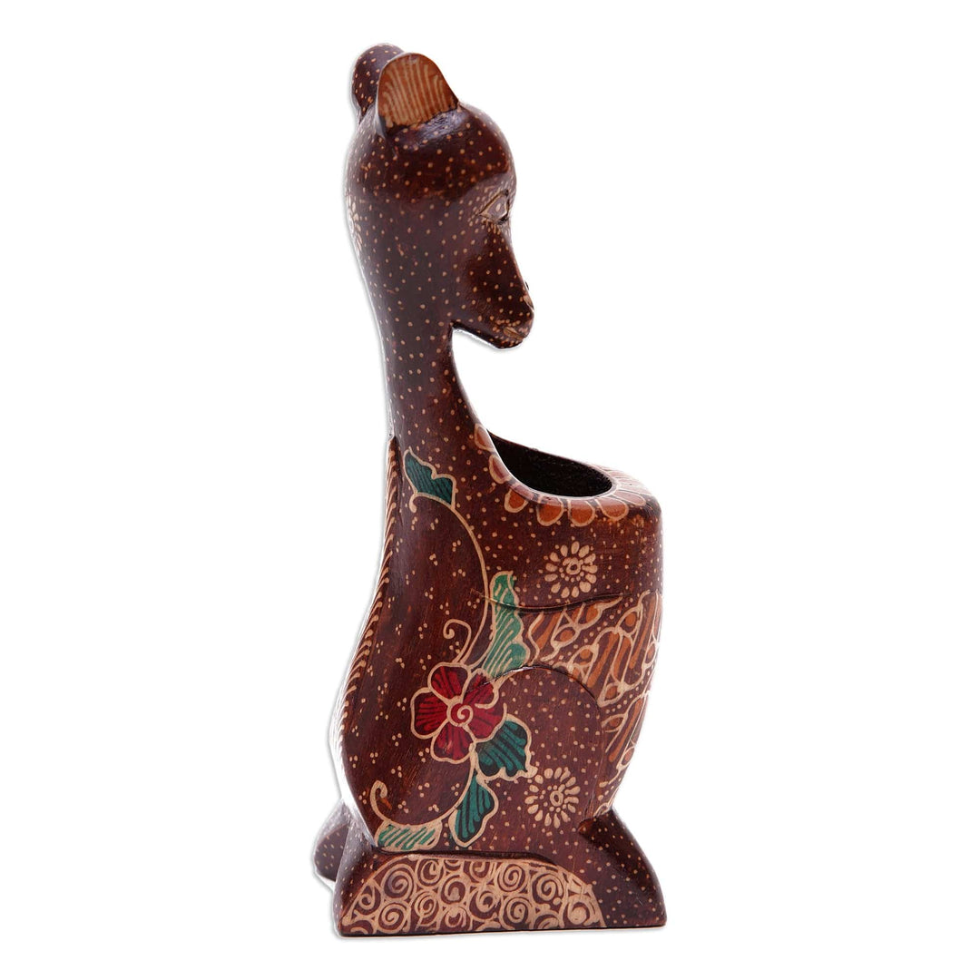 Handcrafted Batik-Painted Kangaroo Pule Wood Pencil Holder - Mother Kangaroo