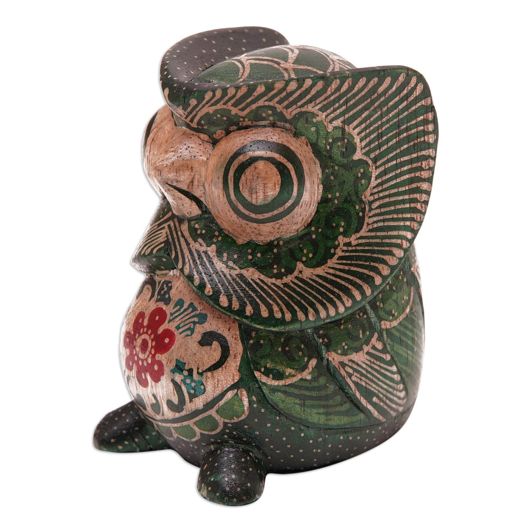Batik Floral Owlet-Shaped Green Pule Wood Figurine - Midnight Owlet