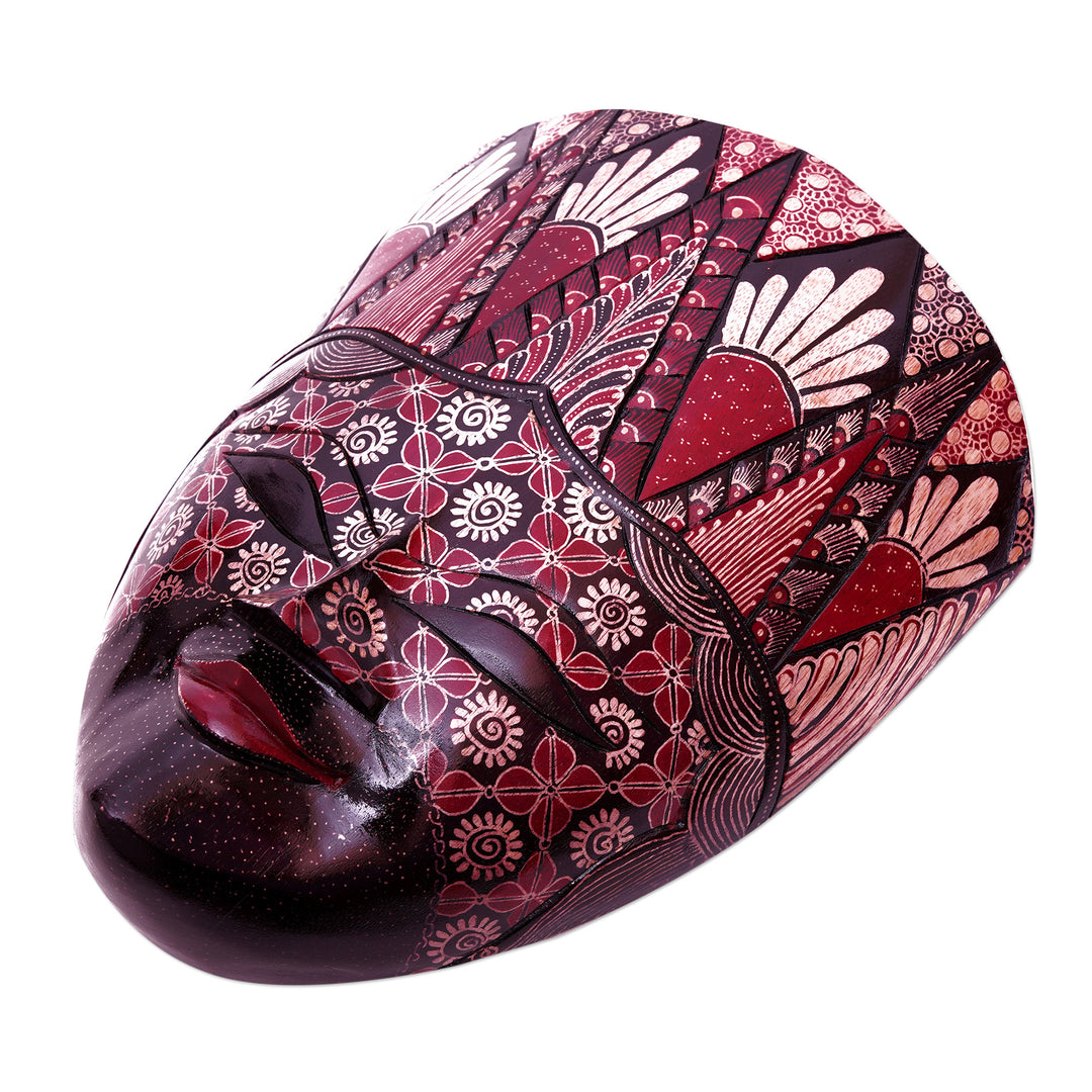 Handcrafted Floral and Leafy Red Batik Pule Wood Mask - Prince Panji