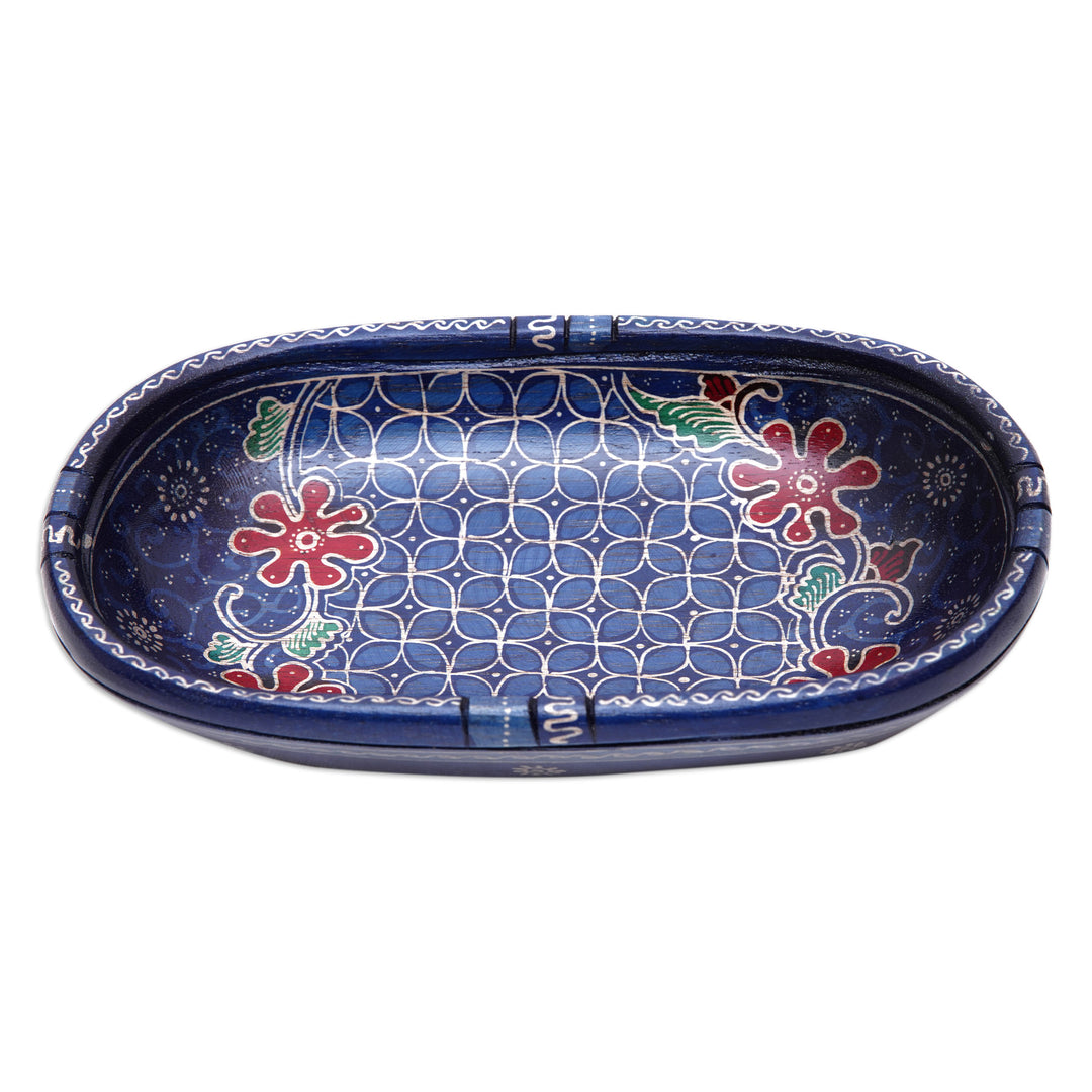 Handmade Batik Oblong-Shaped Blue Pule Wood Decorative Bowl - Water Batik
